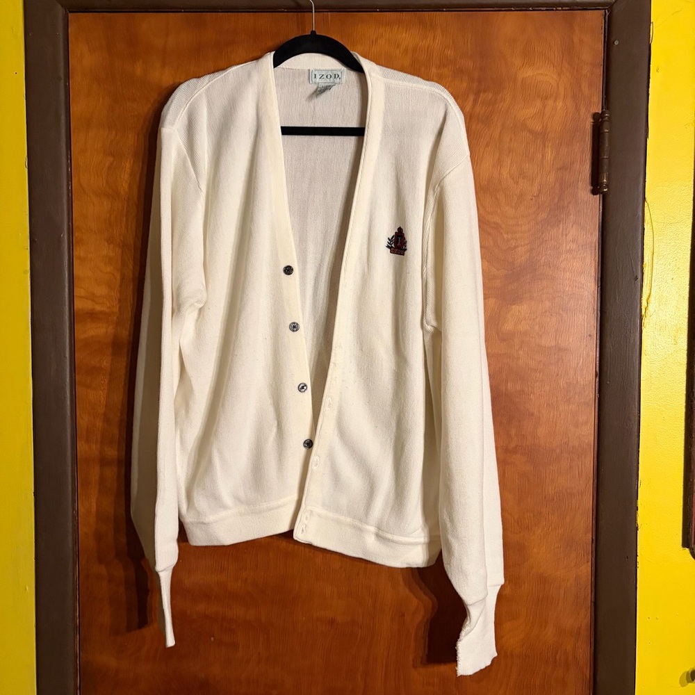 VTG IZOD Lacoste Style Ivory Button Cardigan XL Grandpa Sweater Knit